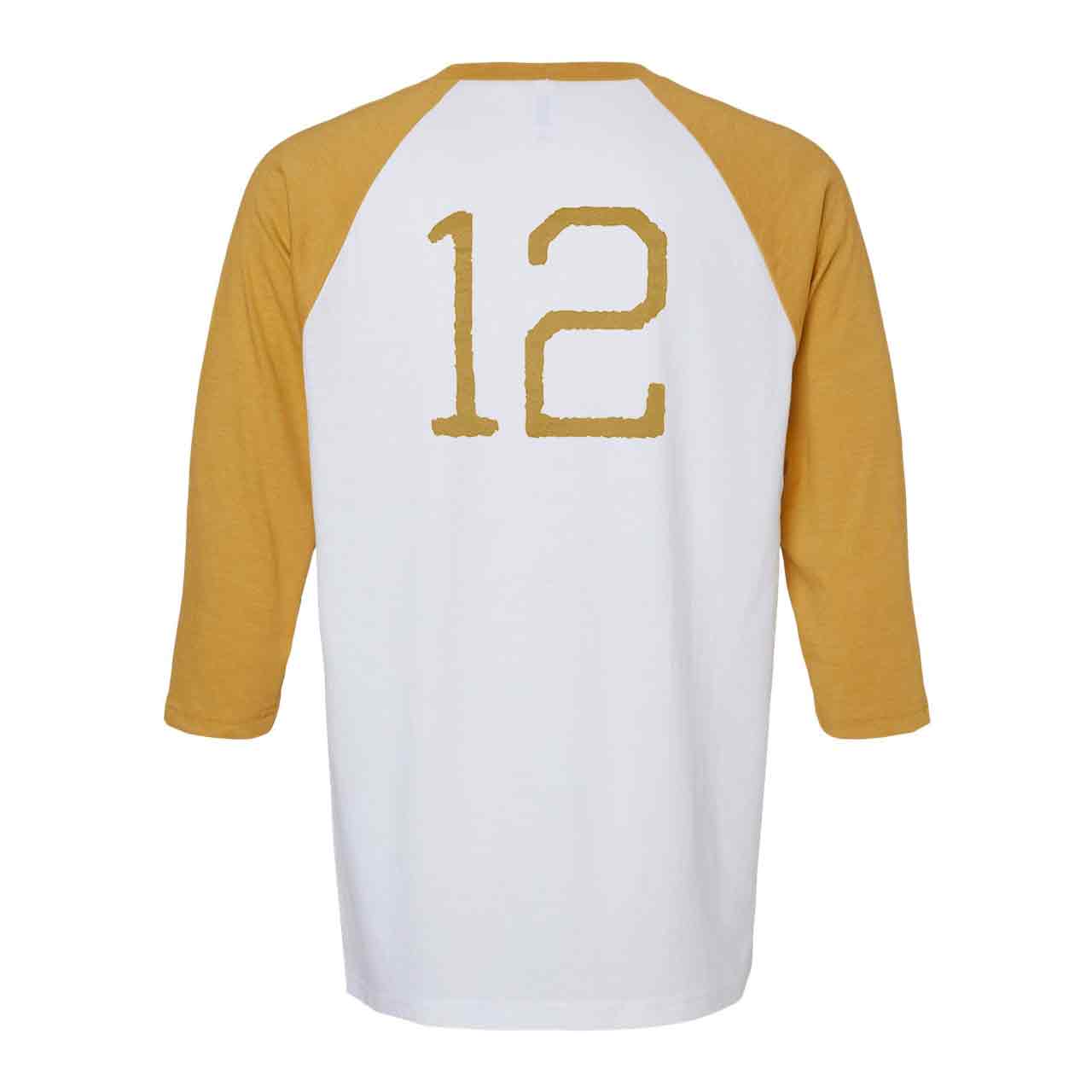 White Denim Baseball Tee – Mustard Sleeves