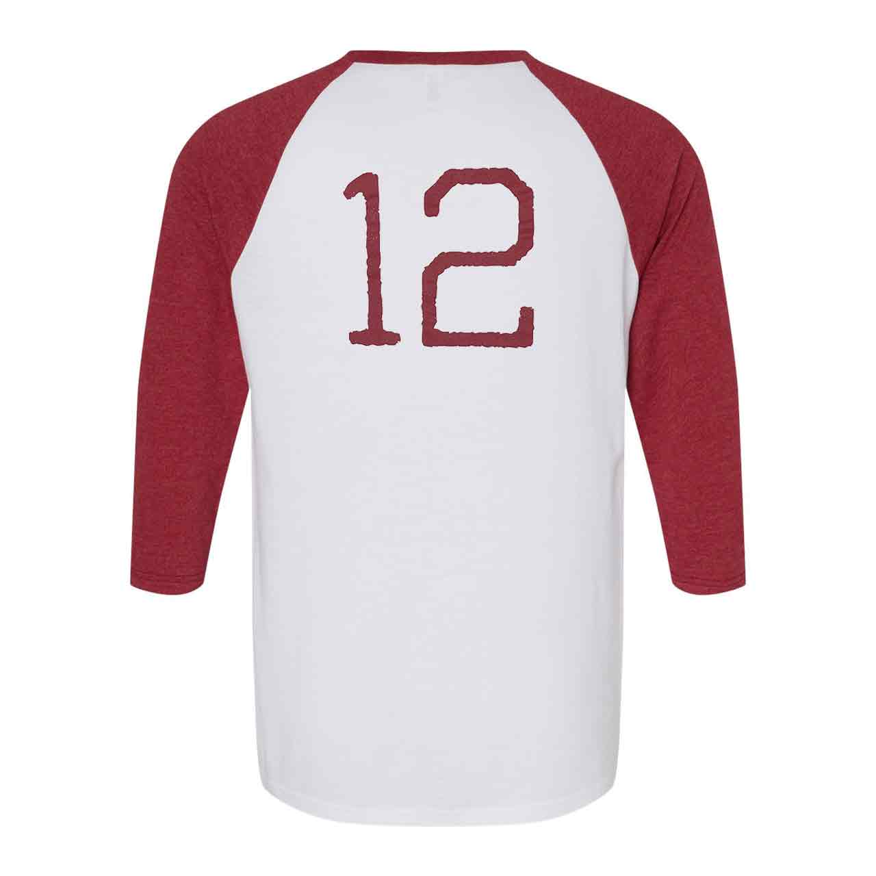White Denim Baseball Tee – Maroon Sleeves
