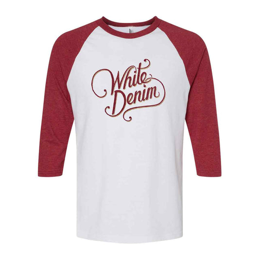 White Denim Baseball Tee – Maroon Sleeves