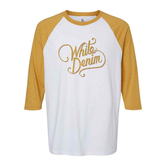 White Denim Baseball Tee – Mustard Sleeves